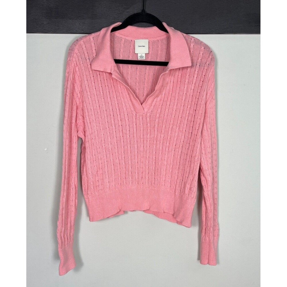 Calvin Klein Women’s Long Sleeve Collared Cotton Cable Knit Sweater SZ L Pink